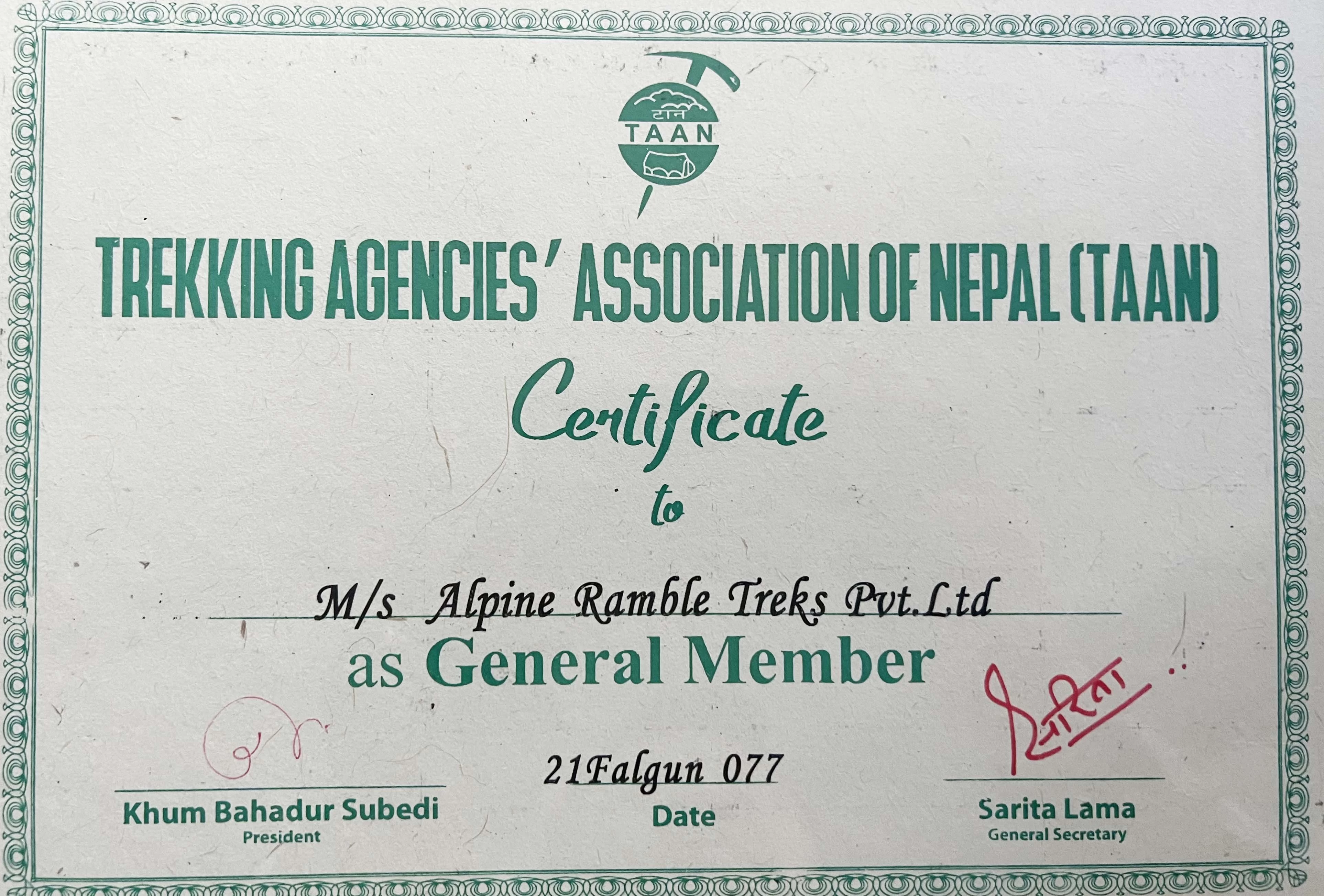 TAAN Membership Certificate